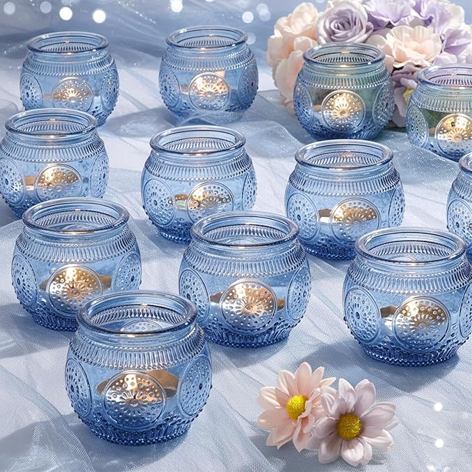 36 Pcs Blue Candle Holders Bulk for Wedding Table Decorations- Floral Style Dusty Blue Candle Holder for Bridal Shower, Baby Shower Decor