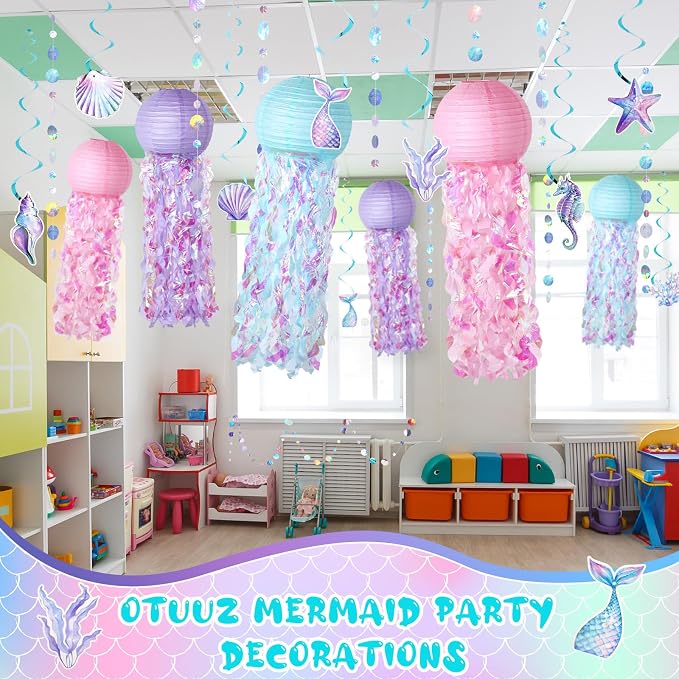 18 Pcs Mermaid Party Decorations Jellyfish Paper Lanterns Hanging Mermaid Garland Under The Sea Ocean Theme Party Supplies for Baby Shower Birthday Classroom Decoration