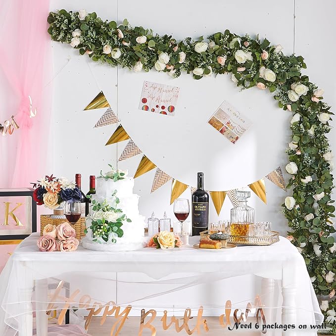 PONKING Flower Garland Artificial Rose Vine Flowers Hanging Fake Roses Vines for Wedding Birthday Party Valentines Christmas Room Wall Arch Decor, 2 White & 1 Light Pink Floral Garland Decorations