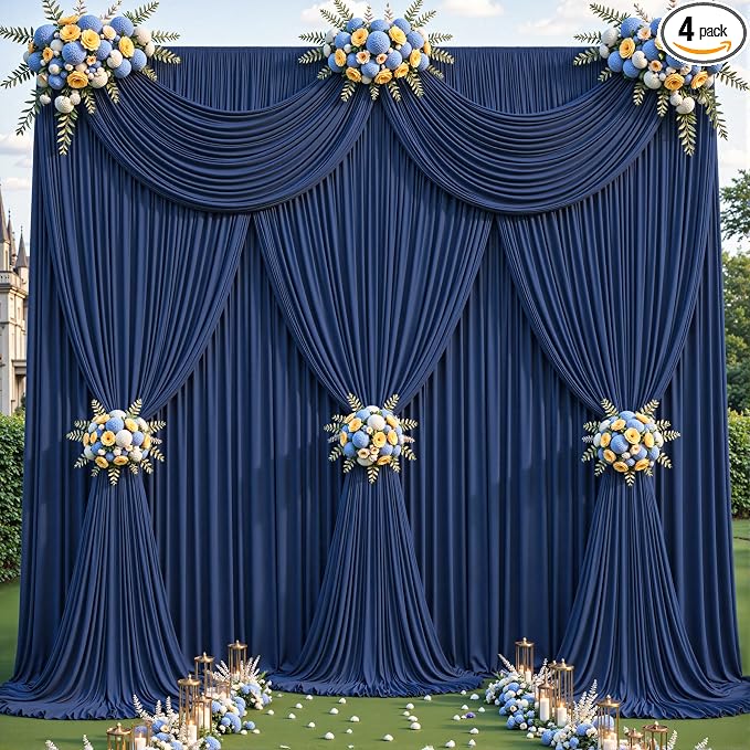 4 Panles Navy Blue Backdrop Curtains - Wrinkle Free Fabric Backdrop Curtain for Photoshoot, 10FT Wedding Party Photo Backdrop Drapes for Birthday Baby Shower Photography Stage Background Decorations