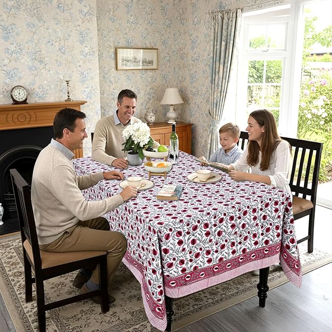 Ridhi Sangria Red Hand Block Print Cotton Rectangle Tablecloth 108" x 70" inches Reusable Table Cover Decorative Everyday Use for Dining Room, Farmhouse, Home Gift for Spring, Mother's Day