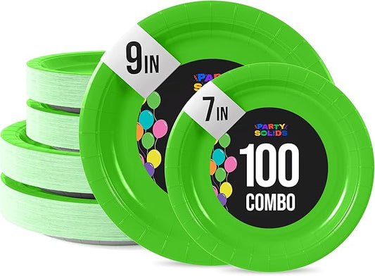Party Solids Lime Green Plastic Plates For Party Supplies, Lime Green Disposable Plates 100 Pieces - 50-7" & 50-9" Heavy Duty 350 GSM Disposable Dinnerware Sets, Plastic Dinnerware Sets