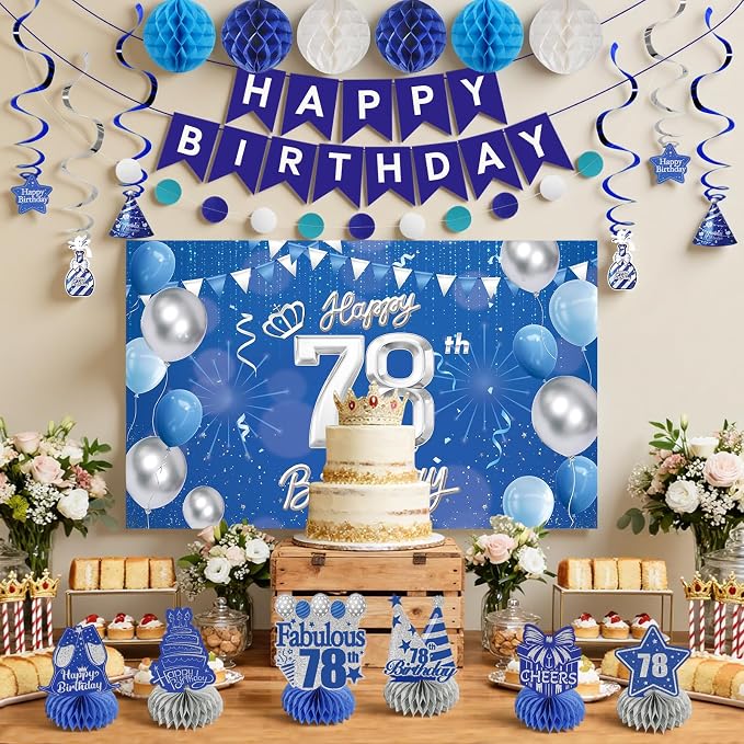 Happy Birthday Party Decoration Set: Including Birthday Banner Backdrop, Party Table Centerpieces and Hanging Swirl Party Streamers, Birthday Decor Suppliers for Men and Women (Blue, 78th Birthday)