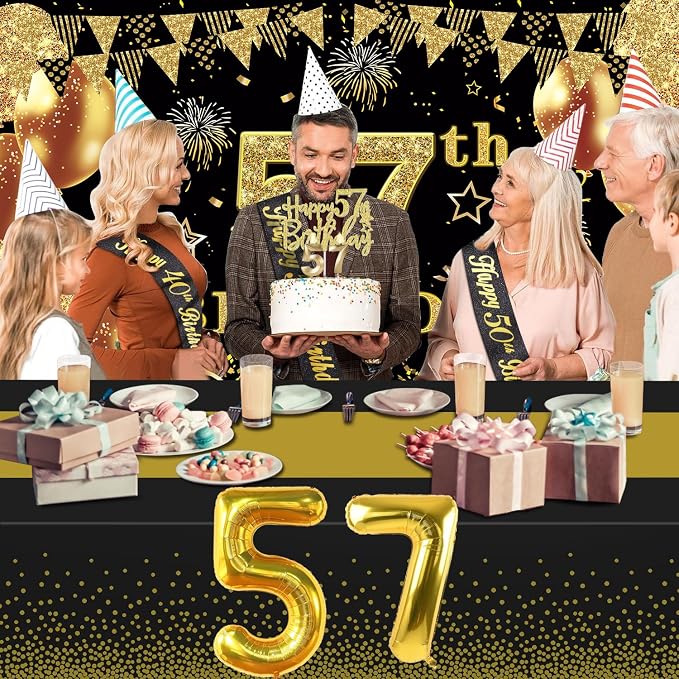57th Birthday Decorations Men Women with 57th Birthday Banner, Black and Gold Table Cloth, Number Balloons, Sash, Cake Topper and Candles