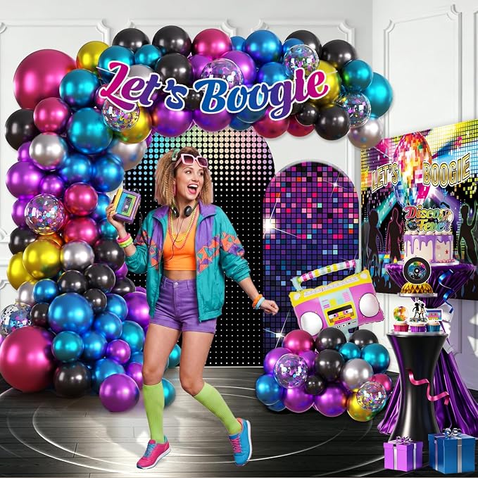 301pcs Disco Party Decorations for 70s, All-in-one 70s Party Decorations for 25 Guests, with No-DIY Banner Thick Plates and Disco Balloon Arch, Disco Photo Booth Props, Easy Setup for 70s Party