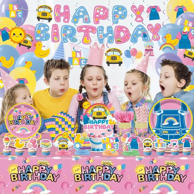 197pcs English Teacher Party Supplies, Cartoon Teacher Themed birthday party decorations with Tableware, Cake Decorations & Hanging Accessories, Serves 24 Guests
