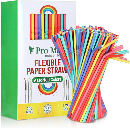 Pro Mael Paper Drinking Straws, Flexible Straws for Juices, Shakes, Smoothies, Disposable Straw for Birthdays, Weddings & Party (200 Pack, 5 Colors)