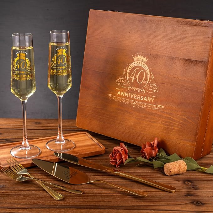 40th Wedding Anniversary Champagne Flutes Gifts, Happy Anniversary Decorations, Gold Cake Cutting Set Gfits for Women Men 40 th Birthday or Parents