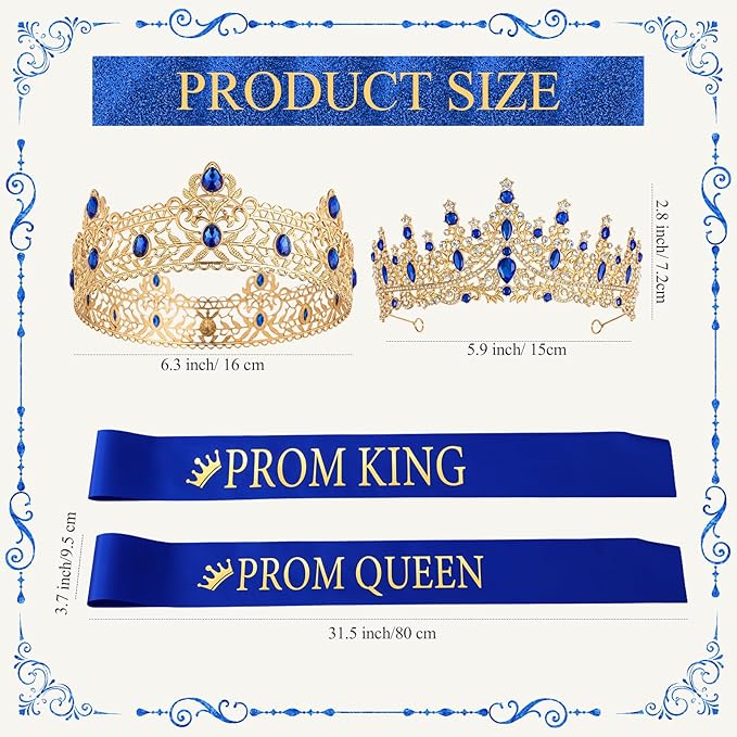 Retrowavy 4 Pcs Prom King and Queen Crown Set with Sashes Prom King Queen Sash and Tiara Set for 2026 Grad Birthday Carnival Wedding Costume Accessories(RoyalBlue)
