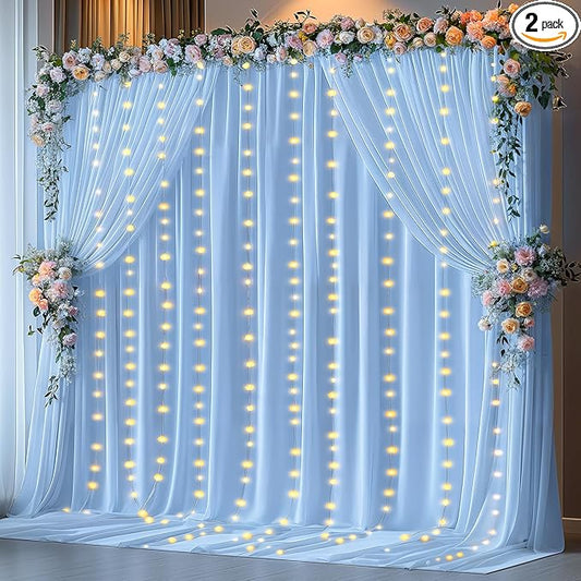 10 x 10ft Baby Blue Polyester Backdrop Curtains with Lights String for Baby Shower, Wedding, Anniversary & More - 2 Pack (5 x 10ft Each) with 9.8ft USB Powered Curtain Lights & 12 Clips
