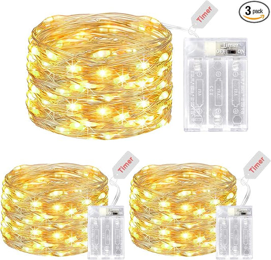 kolpop 3 Pack Fairy Lights Battery Operated with Timer, 50 LED 16FT Mini String Light Battery Powered, Warm White Tiny Christmas Lights for Indoor Wedding Party Decorations