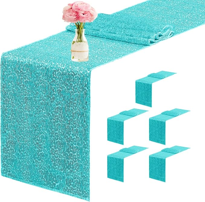 6 Packs 12 x 72 inches Sequin Table Runner, Turquoise Glitter Table Runner for Birthday Party Supplies Wedding Engagement Baby Shower Holiday Celebration Event Decorations