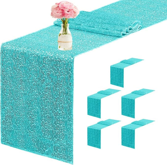 6 Packs 12 x 72 inches Sequin Table Runner, Turquoise Glitter Table Runner for Birthday Party Supplies Wedding Engagement Baby Shower Holiday Celebration Event Decorations