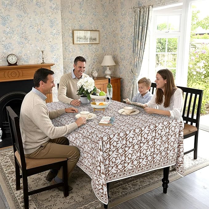 Ridhi Oak Brown Hand Block Print Cotton Rectangle Tablecloth 120" x 60" inches Reusable Table Cover Decorative Everyday Use for Dining Room, Farmhouse, Home Gift for Spring, Mother's Day