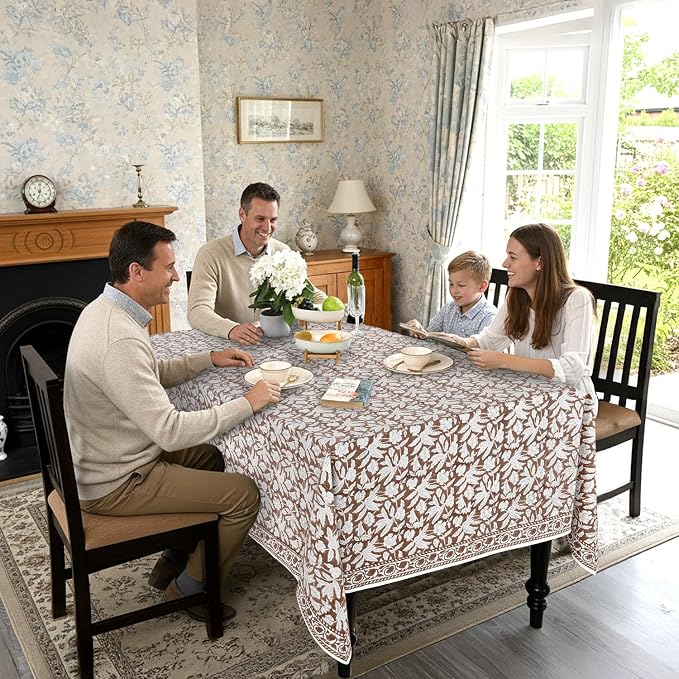 Ridhi Hand Block Print Oak Brown Rectangle Cotton Tablecloth 118" x 70" Reusable Table Cover Decorative Everyday Use for Dining, Farmhouse, Home Gift for Spring, Easter, Valentine