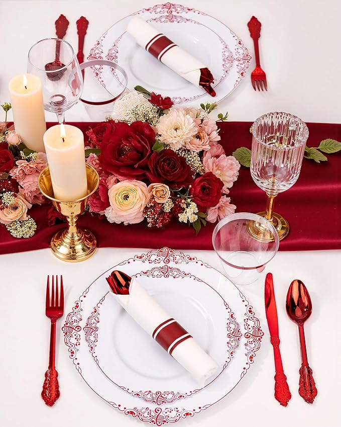 Nervure 175PCS Red Plastic Plates - White Red Plastic Dinnerware Sets for 25 Guests - 50 Red Disposable Plates, 25 Pre Rolled Cutlery Set, 25 Cups Perfect for Wedding, Party & Mother's Day