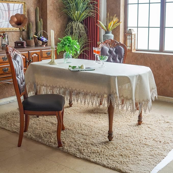 ARTABLE Lace Table Cloths Rectangle Fall Antique Flower Decor Macrame Tablecloth for Outdoor Farmhouse Rustic Kitchen Party Birthday Picnic (Stone Gray-A, 52 x 70 Inch Oval)