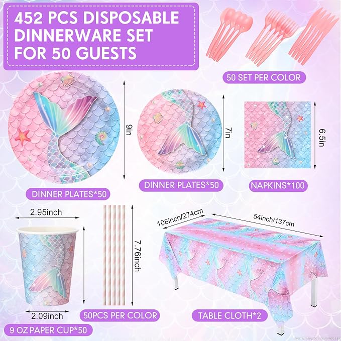Funnymoom 452 Pcs Mermaid Party Decorations Include Sea Mermaid Paper Plates Napkins Cups Tablecloth Cutlery Straws Ocean Tableware for Baby Shower Birthday Party Supplies