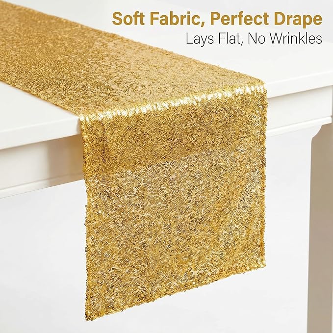 12 Pack Gold Sequin Table Runner 12x108 Inch, High Density Sparkly Glitter Table Runners Bulk for Wedding Reception, Party Decorations, Banquet Events, Shimmering Gold Decor