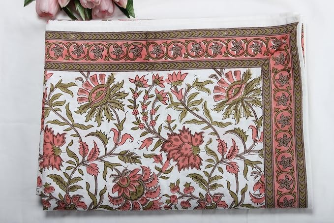 Ridhi New York Pink and Olive Green Hand Block Print Cotton Rectangle Tablecloth 120" x 80" inches Reusable Table Cover Decorative Everyday Use for Dining Room, Farmhouse, Gift Spring, Mother's Day