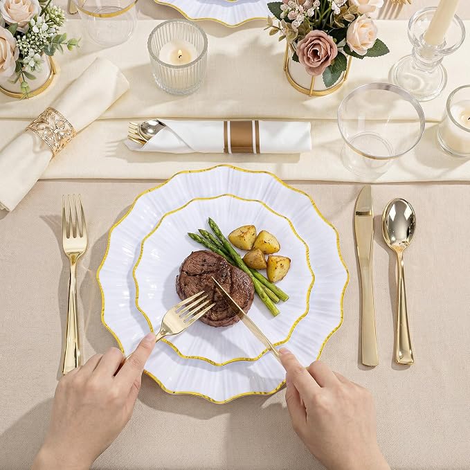 U-QE 175PCS Gold Plastic Plates - Disposable Dinnerware Set for 50 Guests - White and Gold Plates and Napkins Party Supplies include 50 Plates, 25 Per Rolled Napkins with Gold Cutlery, 25 Cups