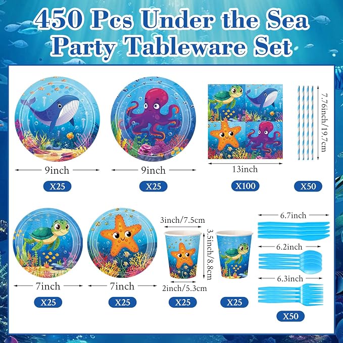450 Pcs Under the Sea Tableware Set Party Decorations Ocean Birthday Paper Plates Napkins Cups Cutlery Straws for Sea Animal Theme Underwater Creatures Beach Party Supplies, Serves 50