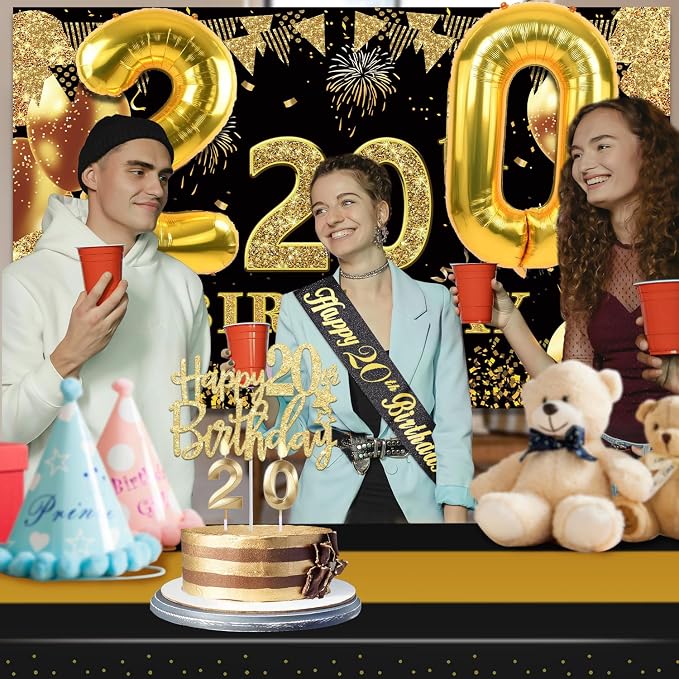 20th Birthday Decorations for Him Her with Banner, Black and Gold Table Cloth, Number Balloons, Large 20th Birthday Sash, Cake Topper and Candles