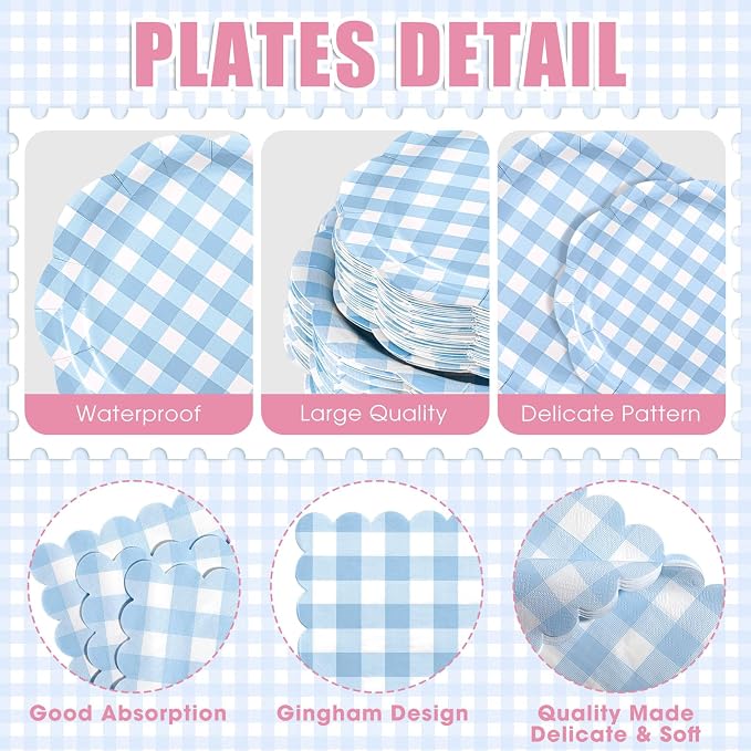 Funnymoom 400 Pcs Gingham Party Supplies for 50 Guests Pink and Blue Paper Plates and Napkins Set Knives Spoons Forks Cups Disposable Dinner Party Cutlery for Gender Reveal Baby Shower Birthday