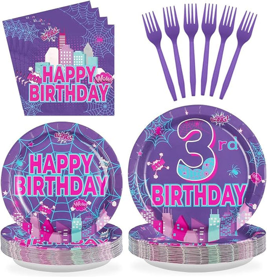Purple Spider 3rd Birthday Party Decorations Purple Spider Themed Plates and Napkins Cartoon 3rd Decorations for 3 Years Old Boys Girls Kids Birthday Party Supplies