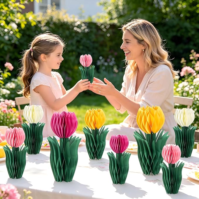 SUNBEAUTY 8 PCS Flower Honeycomb Decor Tulips Table Centerpieces Spring Decoration for Home Office Paper Flower Tulip Honeycomb Decor for Garden Party, Mother's Day Decoration