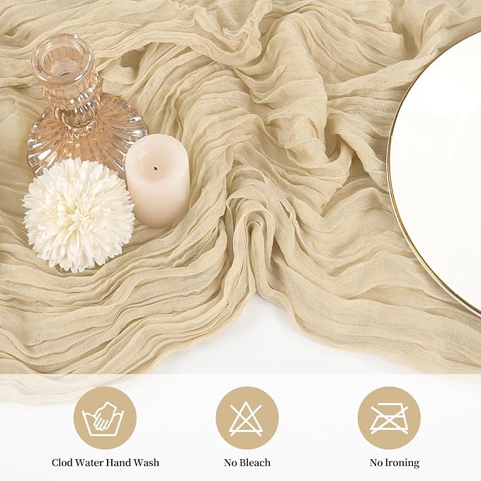 10 Pack Cheesecloth Table Runner 17 x 108 inch Long Boho Gauze Table Runners Semi Sheer Table Runner for Wedding Decor, Baby Shower, Birthday Party, Banquet (Beige)