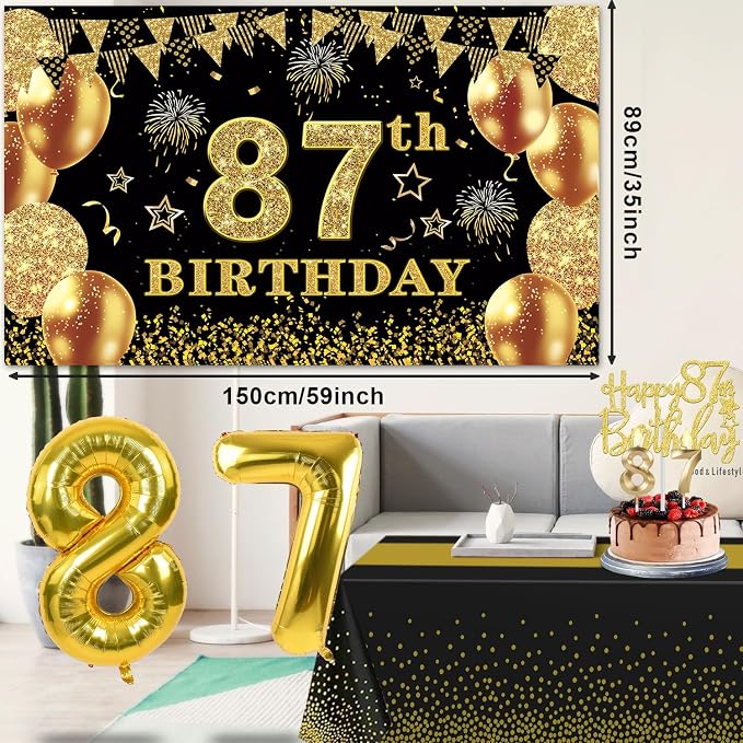87th Birthday Decorations Men Women with 87th Birthday Banner, Black and Gold Table Cloth, Number Balloons, Sash, Cake Topper and Candles