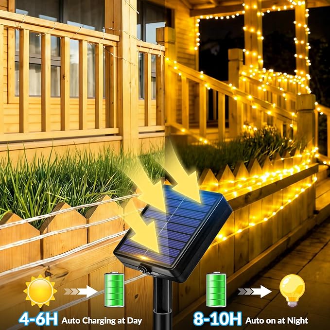 Solar Rope Lights, 2 Pack 20FT 60 LED Solar Fairy Lights with 8 Lighting Modes, IP65 Waterproof Strip Light Outdoor for Garden Yard Patio Deck Fence Tree Party Holiday Decoration, Warm White