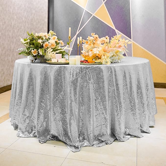 Silver Glitter Tablecloth 132'' Tablecloth Round Sequin Party Tablecloth Outdoor Table Cover Sequin Table Cloths for Birthy Wedding Party Decorations