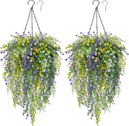 2 Set Artificial Flower Hanging Baskets for Outdoors, 20Pcs Fake Hanging Plants, Outdoor Faux Flowers UV Resistant for Spring Summer Porch Patio Garden Home Decoration (White+Purple+Yellow)