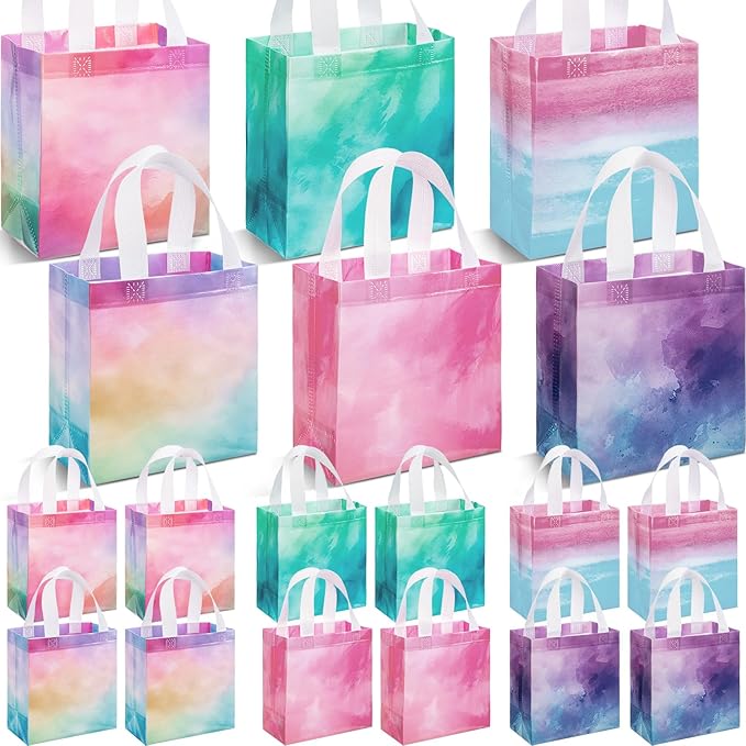Wesnoy 18 Pcs Tie Dye Woven Gift Bags with Handles Reusable Party Favor Goodie Bags Bulk, Spring Rainbow Color Tote for Women Wedding Birthday Bridal Shower Decoration