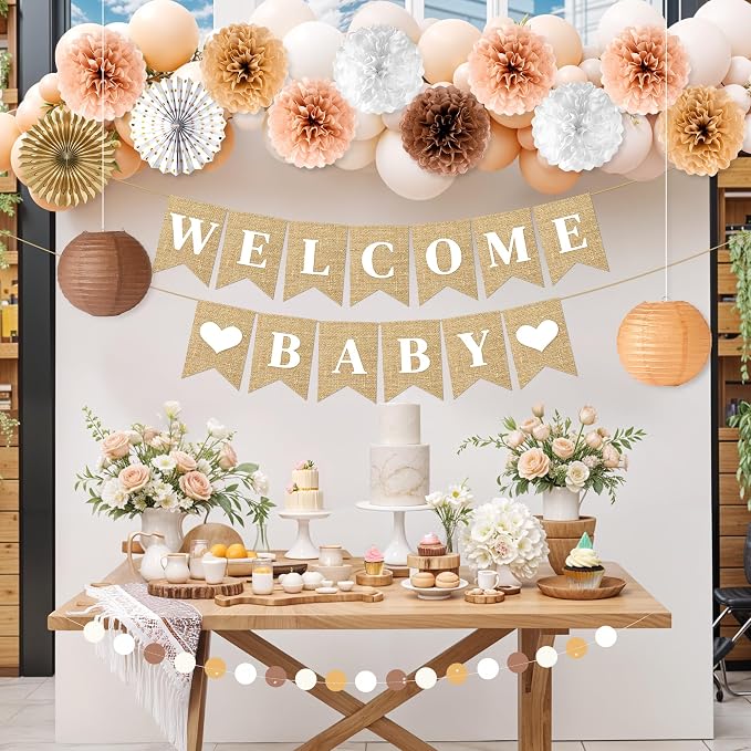 Kriyokiaa Boho Baby Shower Decorations 15 Pcs Gender Neutral Baby Shower Decorations Elegant Earth Tones Paper Pompoms and Lanterns with Welcome Baby Banner for Boy Girl