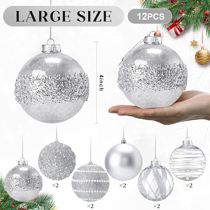 Lyrow 12 Pcs 4 inch Christmas Balls Ornaments Glitter Shatterproof Christmas Decorations Tree Balls Sparkly Holiday Ornaments Bulk for Xmas Trees(Silver)
