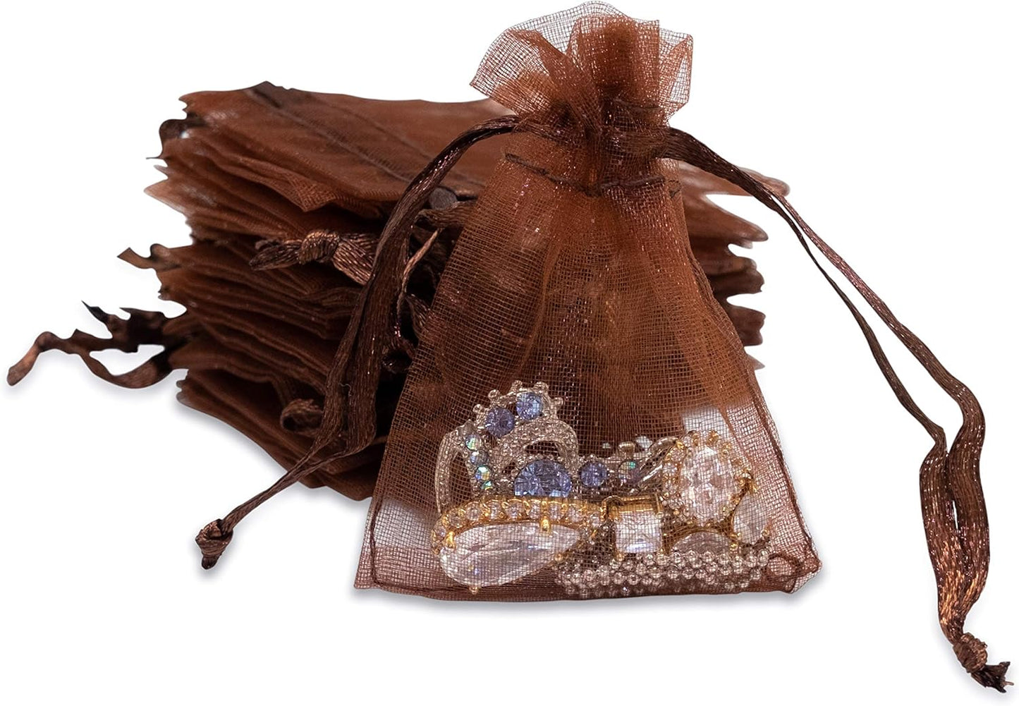 TheDisplayGuys 48-Pack 2" x 2-3/4" Brown Sheer Organza Gift Bags with Drawstring, Goodie Bags for Jewelry, Candy Bags, Treat Bags, Wedding Favors Small Mesh Bags