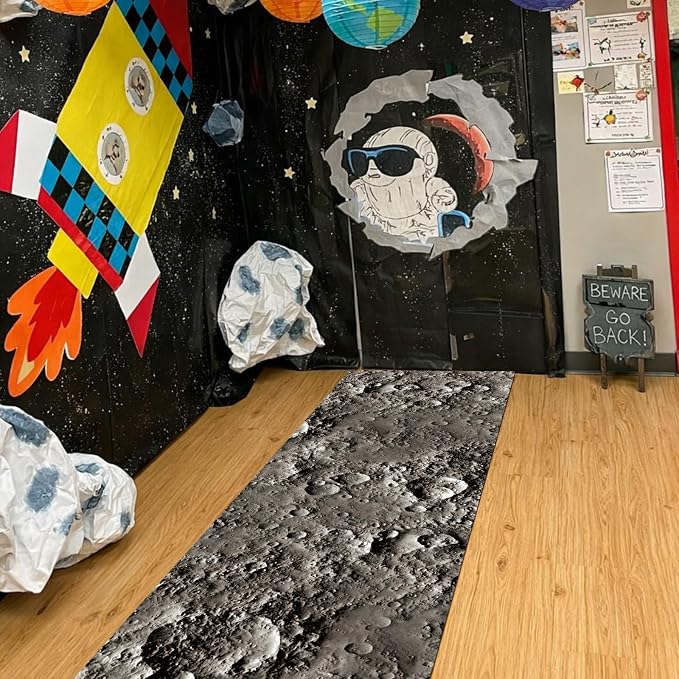 Lyrow 2 Pieces Space Themed Party Decorations 2 x 10 ft Moon Aisle Runner Non-Slip Lunar Carpet for Outer Space Birthday Party Decoration Astronaut Galaxy Birthday Supplies Lawn Indoor Outdoor Decor