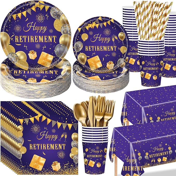 Funnymoom 452 Pcs Retirement Party Decorations Supplies Women Set Include Purple and Gold Retirement Paper Plates Napkins Cups Tablecloth Cutlery Straws for Men Women Say Goodbye Party