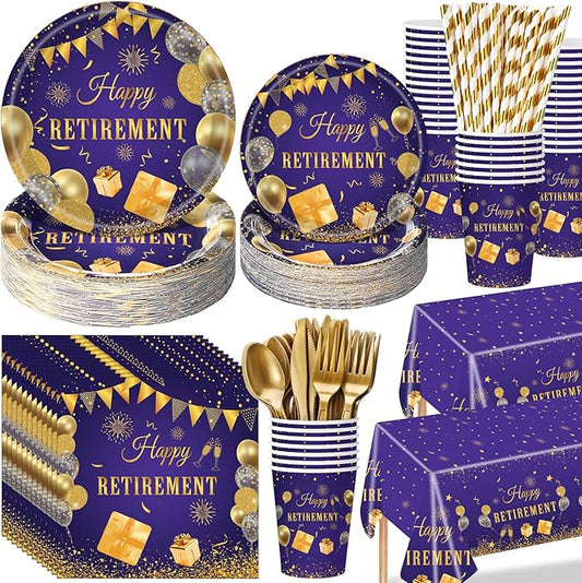 Funnymoom 452 Pcs Retirement Party Decorations Supplies Women Set Include Purple and Gold Retirement Paper Plates Napkins Cups Tablecloth Cutlery Straws for Men Women Say Goodbye Party