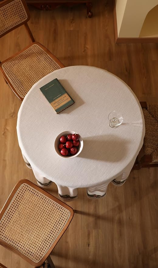 ISAENNE Designer Vintage Linen Round Tablecloth,Diameter 55"-Carol G | French Elegant Beautiful Table Cloth for Round Table,Light Beige,Decoration,Dining Room,Kitchen,Thanksgiving,Christmas