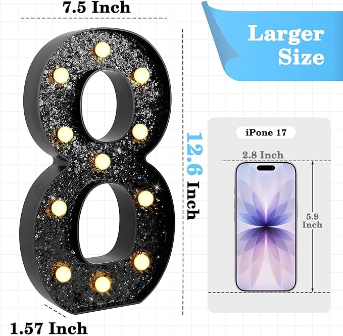 12.6 Inch LED Black Marquee Light Up Numbers, 8th Birthday Decorations Number Lights as Gifts for Girls Boys, Glitter Lighted Marquee Numbers for Black Anniversary Party Table Decor, 8