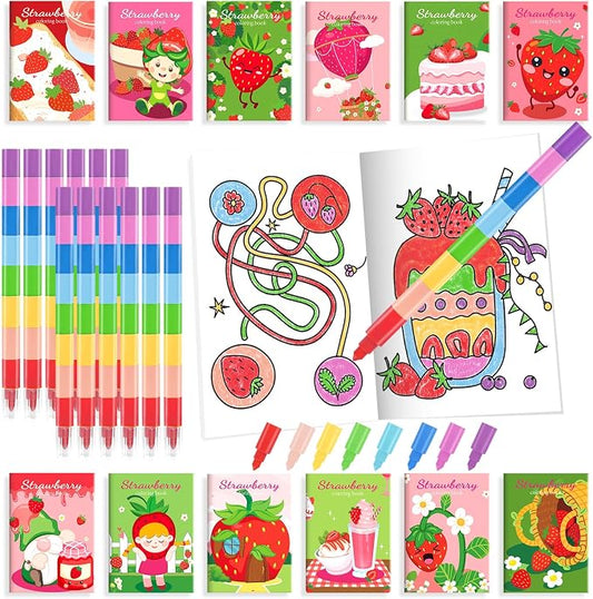 BenLouis 24 Strawberry Mini Coloring Books Kids with 24 Stacking Crayons Berry Party Favors Activity Books Bulk for Kids Girl Fruit First Goodie Bag Gift Stuffer Classroom Reward