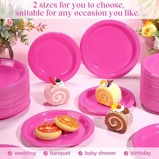 Kochorie 300 Pack Hot Pink Plates 7" & 6" Disposable Plastic Plates Round Dessert Plate Set Food Grade, BPA-Free, Heavy Duty Dinner Tableware for Bulk Party Events, Weddings, Birthdays Supplies