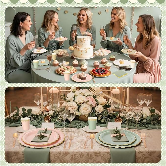 Mimorou 169 Pcs Sage Green and Pink Plates and Napkins Party Supplies Green and Rose Gold Tableware Include Scalloped Plates Paper Napkin Cup Spoon Fork Knife for Baby Shower, Wedding, Birthday