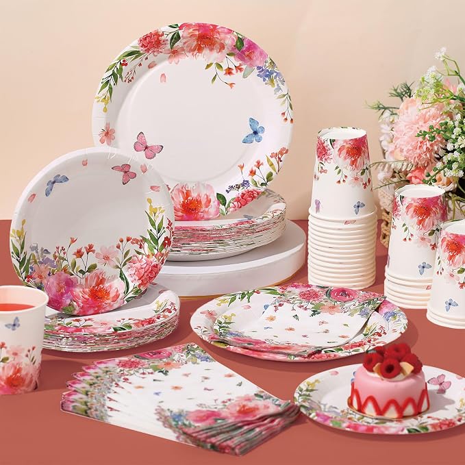 Funnymoom 250 Pcs Floral Party Decoration Wildflower Paper Plates Cups and Napkins Spring Tea Theme Flower Butterfly Tableware Set for Garden Baby Bridal Shower Wedding Party Supplies, Serves 50