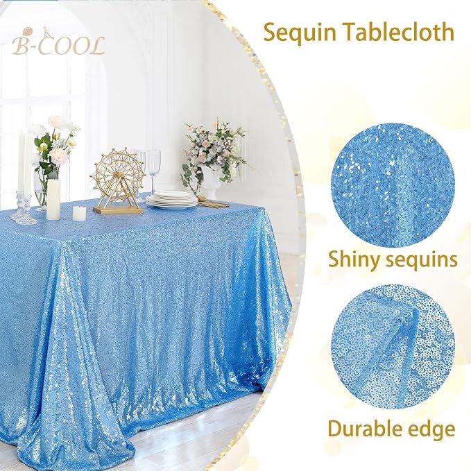 B-COOL Sequined Tablecloth 90x90inch Baby Blue Table Cloth Shimmer Square Drape Table Linens for Wedding and Event Banquet