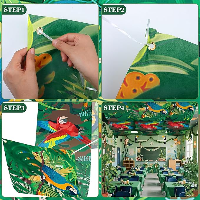 Feifeiya 3 Pcs 36 ft Rainforest Theme Party Decor 2026 VBS Decorations Tropical Forest and Bird Rainforest Safari Ceiling Banner Party Hanging Decor for VBS Sunday School Classroom